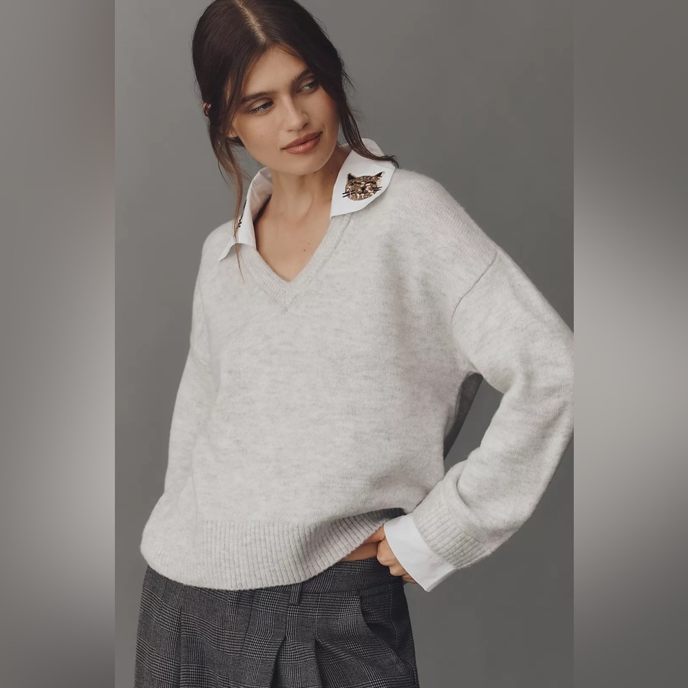 Anthropologie Maeve Embroidered Cat Collared V-Neck Sweater XXS